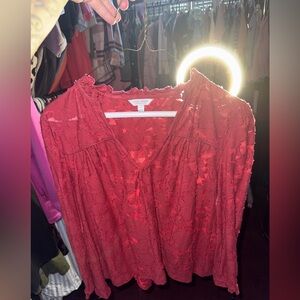 Lucky Brand Red Lace V-Neck Long Sleeve Blouse